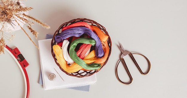 kosz z kolorowymi nićmi